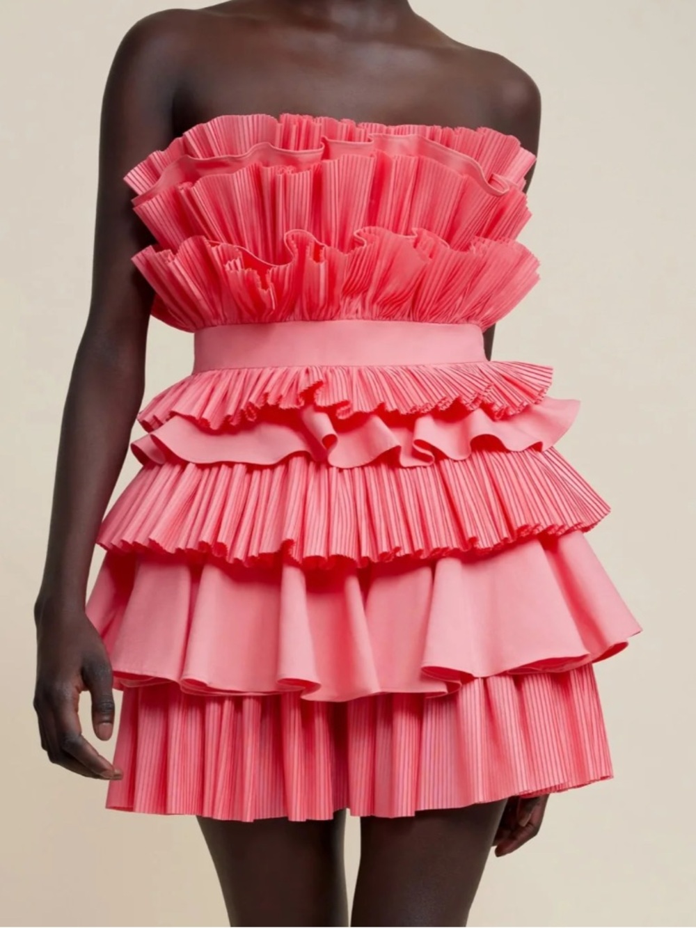Acler Pleated Ruffle Strapless Kids Mini Dress in Coral Pink